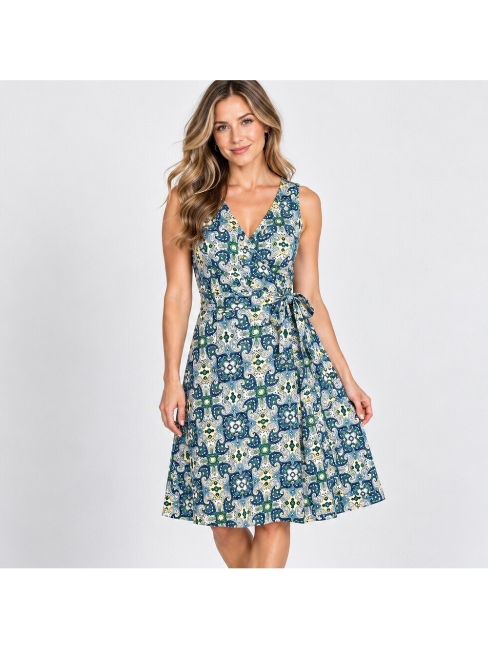Tommy Hilfiger Wrap Dress M Blue Green Paisley Floral Cotton Y2K Preppy Coastal